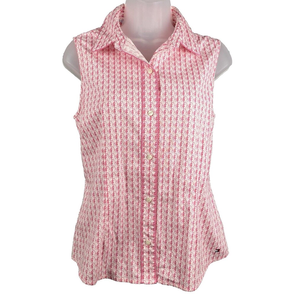 Tommy Hilfiger Golf Pink Seahorse Sleeveless Blouse Women's L Coastal Whimsical